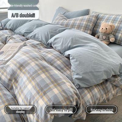 Set Letto Plaid in Flanella di Cotone Lavato Giapponese Muji - 4 Pezzi, Buona Qualità, Stile Dormitorio Studentesco