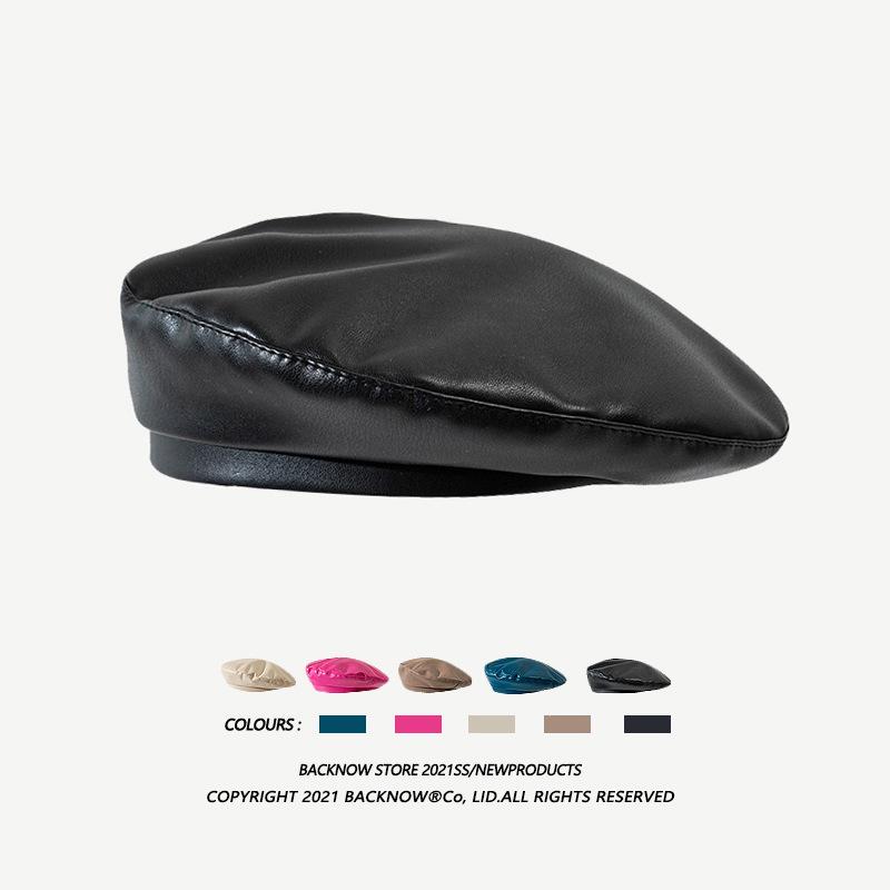Internet Celebrity Ins Flat Top Beret Women's Korean Version Autumn and Winter Versatile PU Leather Painter Hat Pumpkin Hat