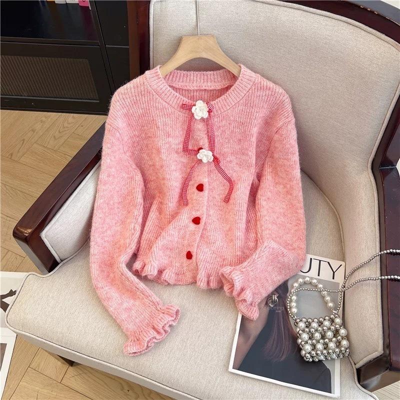 Women Korean Sweet Style Bowknot Knit Cardigan With Lace Trim And Heart Buttons Autumn Winter