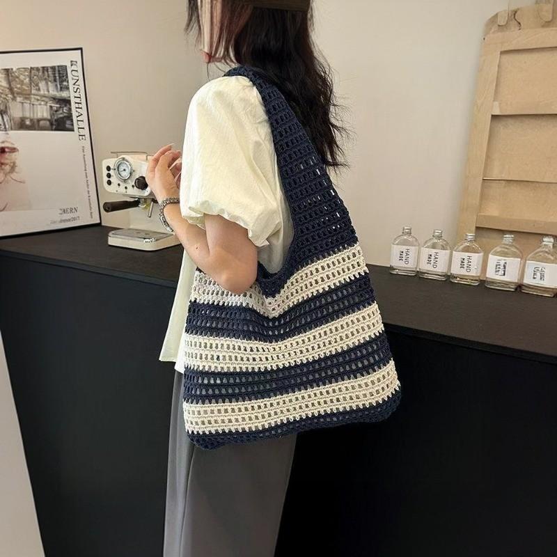 Color Block Knitted Tote Bag for Women Casual Striped Crochet Shoulder Bag Lightweight Large Capacity Beach Bag