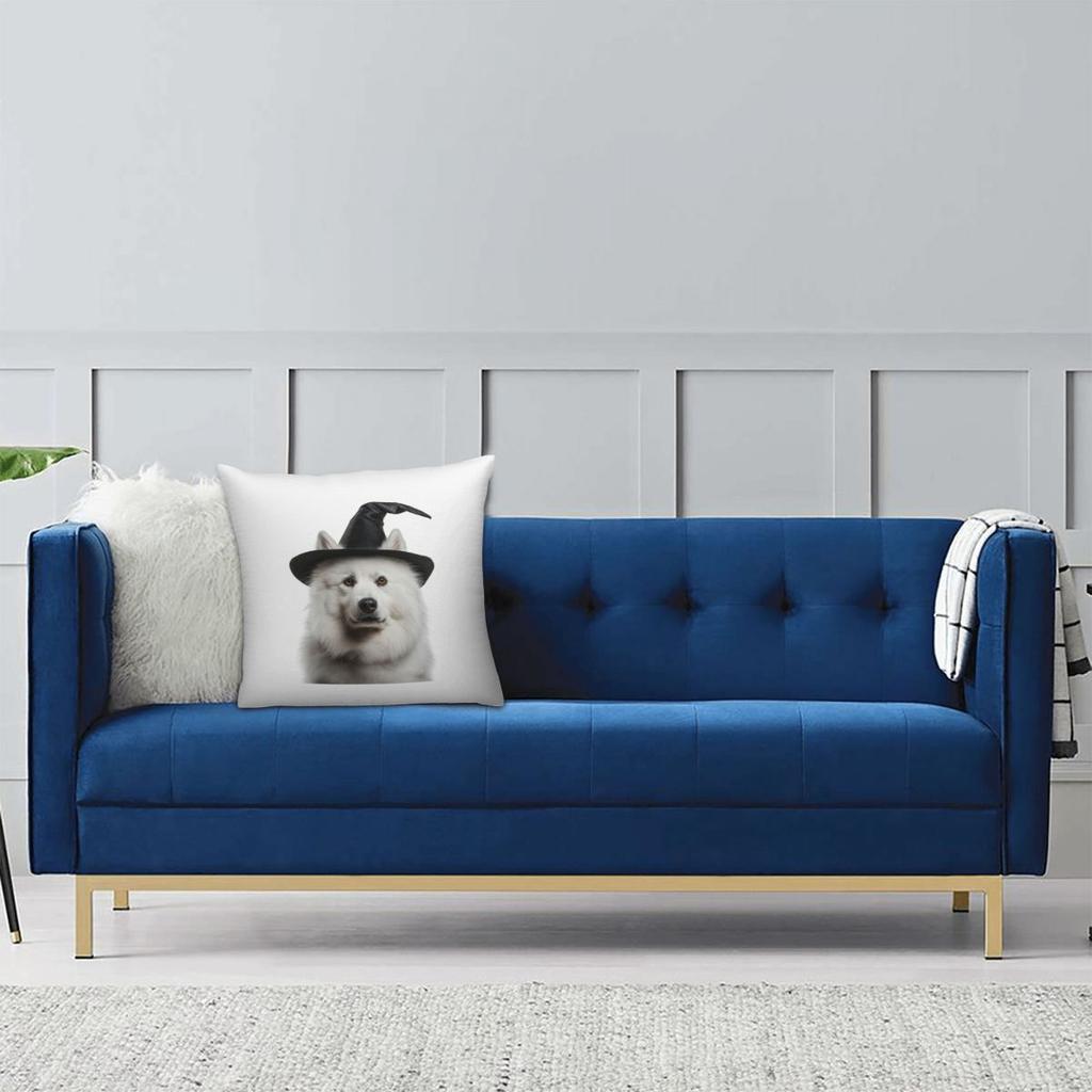 Samoyed Dog Wearing Halloween Witch Hat Square Pillowcase Pillow Cover Cushion Throw Pillow for Home Sofa Living Room