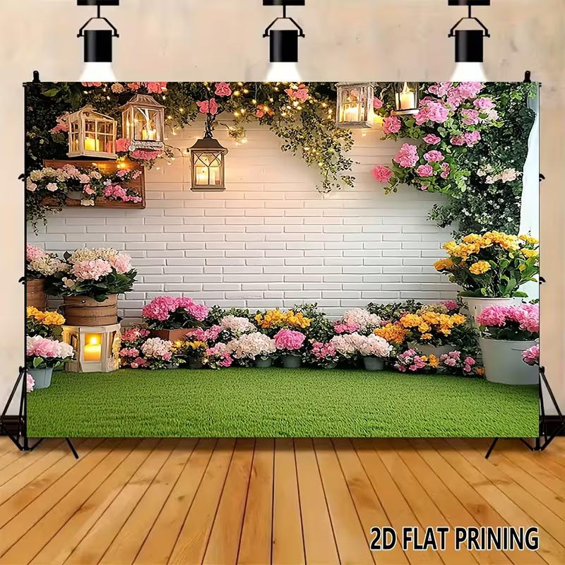 2D White Brick Wall with Flowers, Lanterns & Green Grass Studio Background