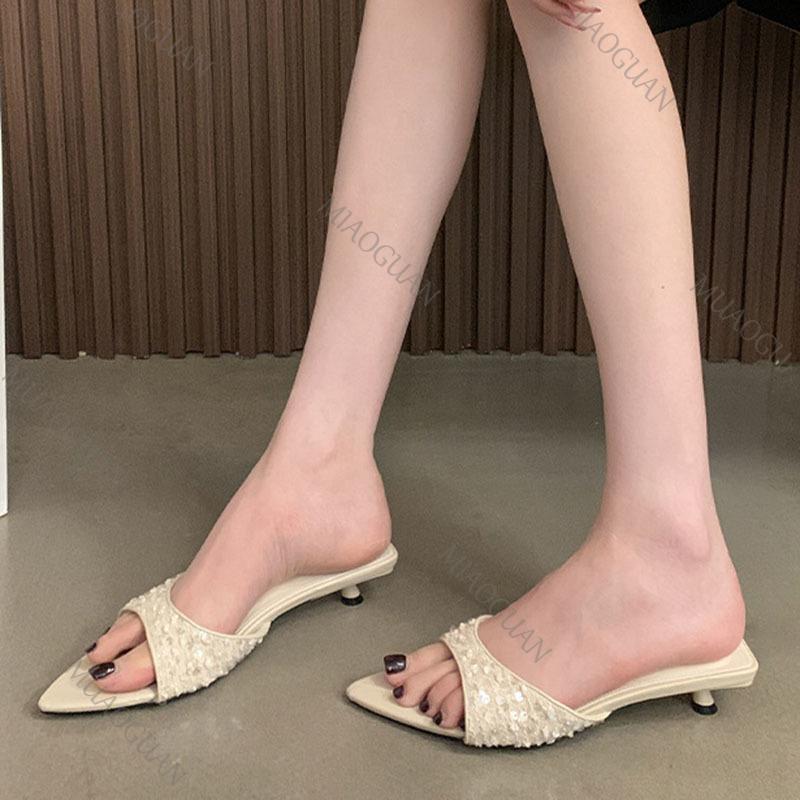 Fashion Sequins Low-heeled Slippers Women's Fashion Shoes 2025 Summer New Pointed Head Kitten Heel Sandals Party Elegant Pumps Slides