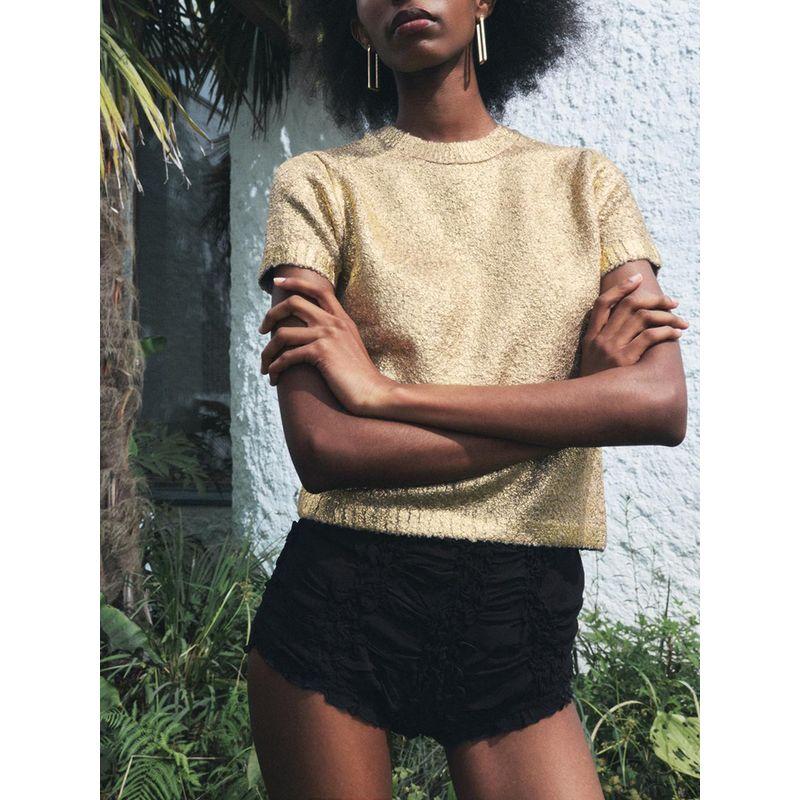 Za2024 Autumn New Women's Clothing Elegant Metal Foil Round Neck Short Sleeve Leisure Pullover Knitwear 6427116