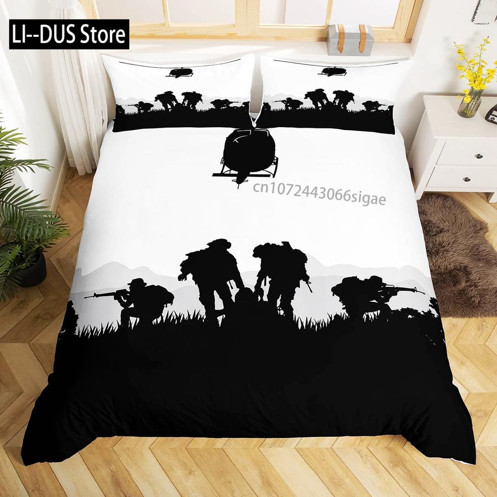 Soldier Duvet Cover Set King Size Soldier Helicopter Silhouette Bedding Set Microfiber 2/3pcs Green Black Military Quilt Cover