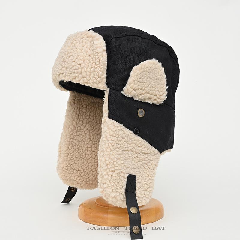 

Winter Cotton Hat Men Thickened Warm Ear Protection Lei Feng Cap Female Lamb s Wool Splicing Cycling Flight Cap One Size тёмно-синий