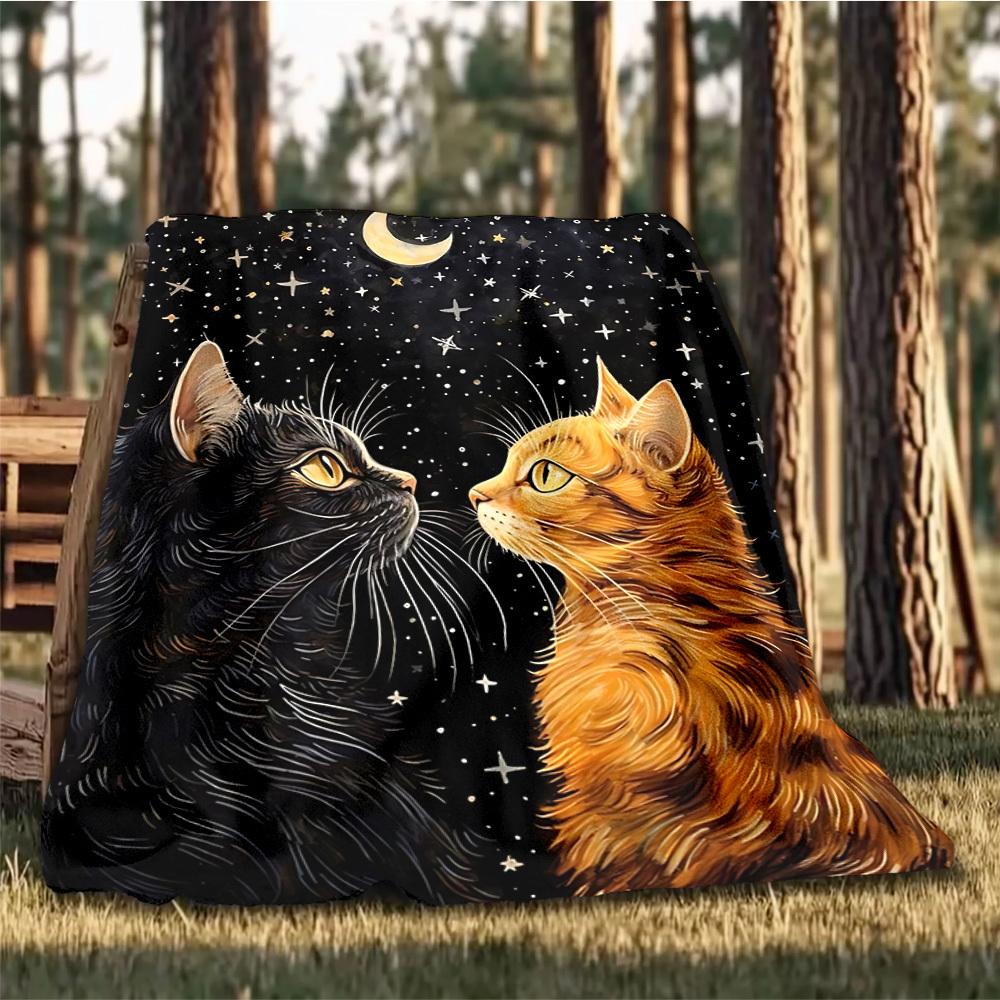 1pc Cat Night Sky Print Outdoor Flannel Blanket , Machine Washable Perfect Gift for Birthday , Holiday Travel Accessory , Durable Material