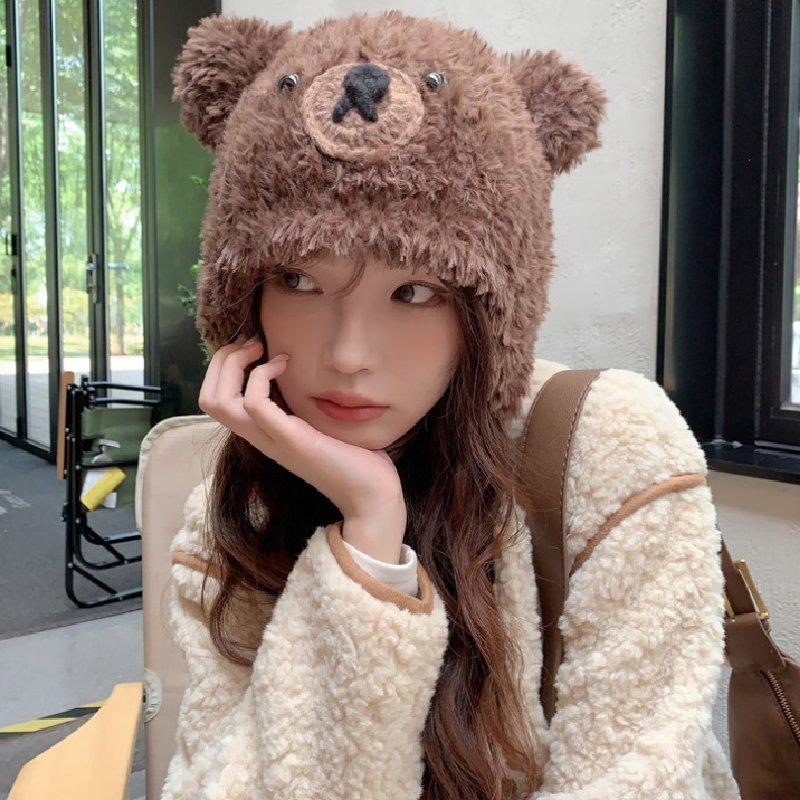 Women Plush Winter Bear Hat Keep Warm Ear Protector Solid Color Caps Travel