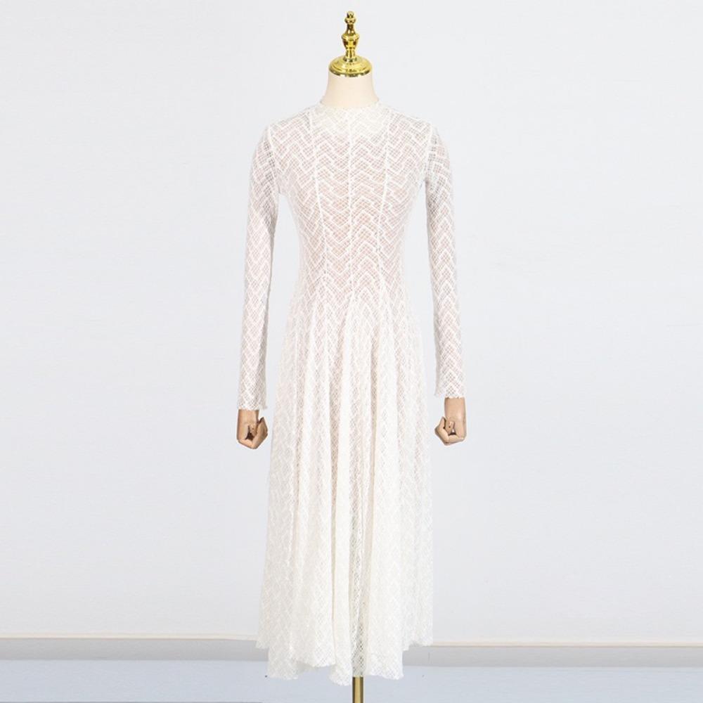 Hollow Out Mesh Maxi Dress High Collar Slim Fit Long Sleeve Robe High Waist Pleated Party Dresses New Lady Fashion Clothing