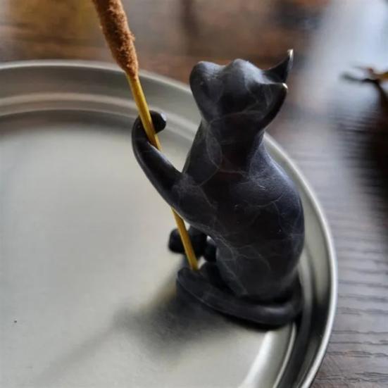 Yousheng Katze Räucherstäbchenhalter Schwarze Katze Räucherstäbchenhalter Handpolierter Dekorativer Räucherbrenner zur Entspannung Meditation Katzenliebhaber