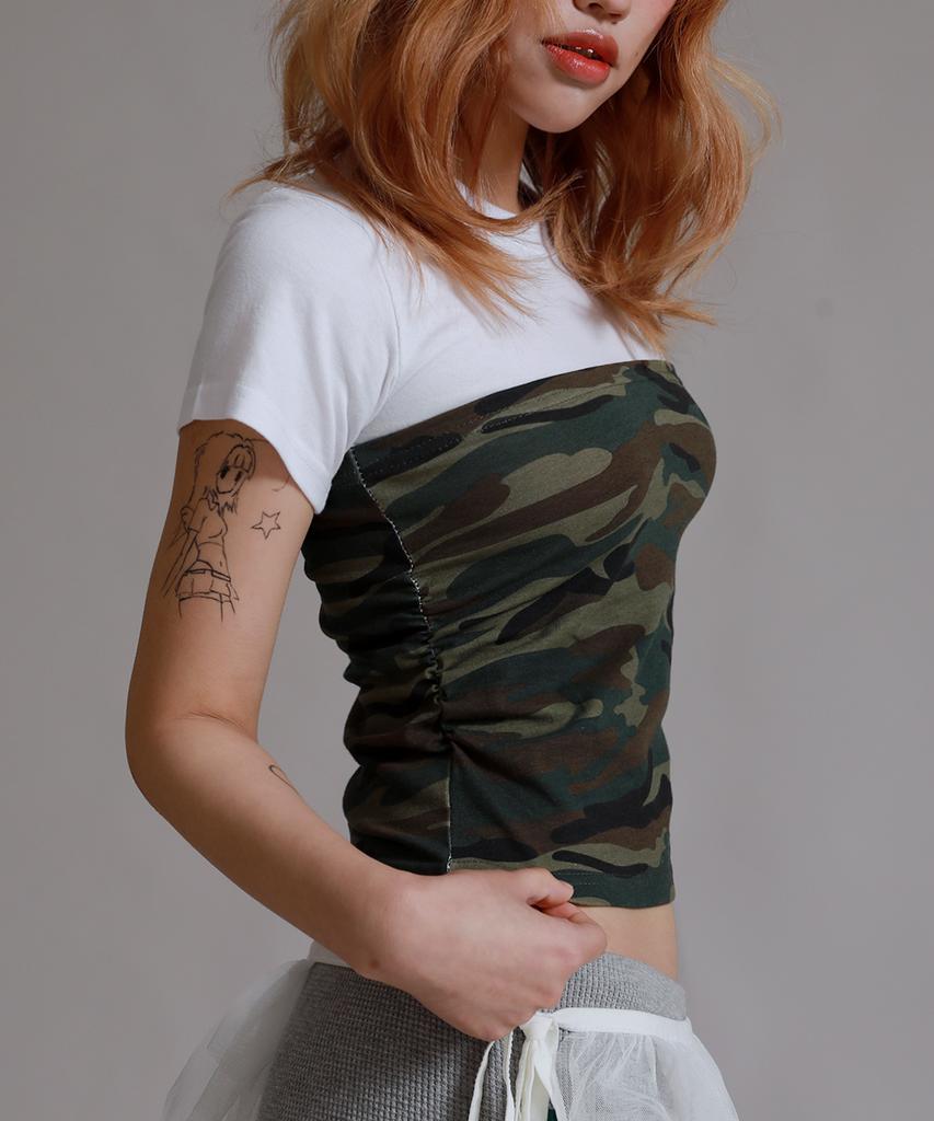 LIKE THE MOST Shirred Half Camo Point Short Sleeve T-Shirt_White