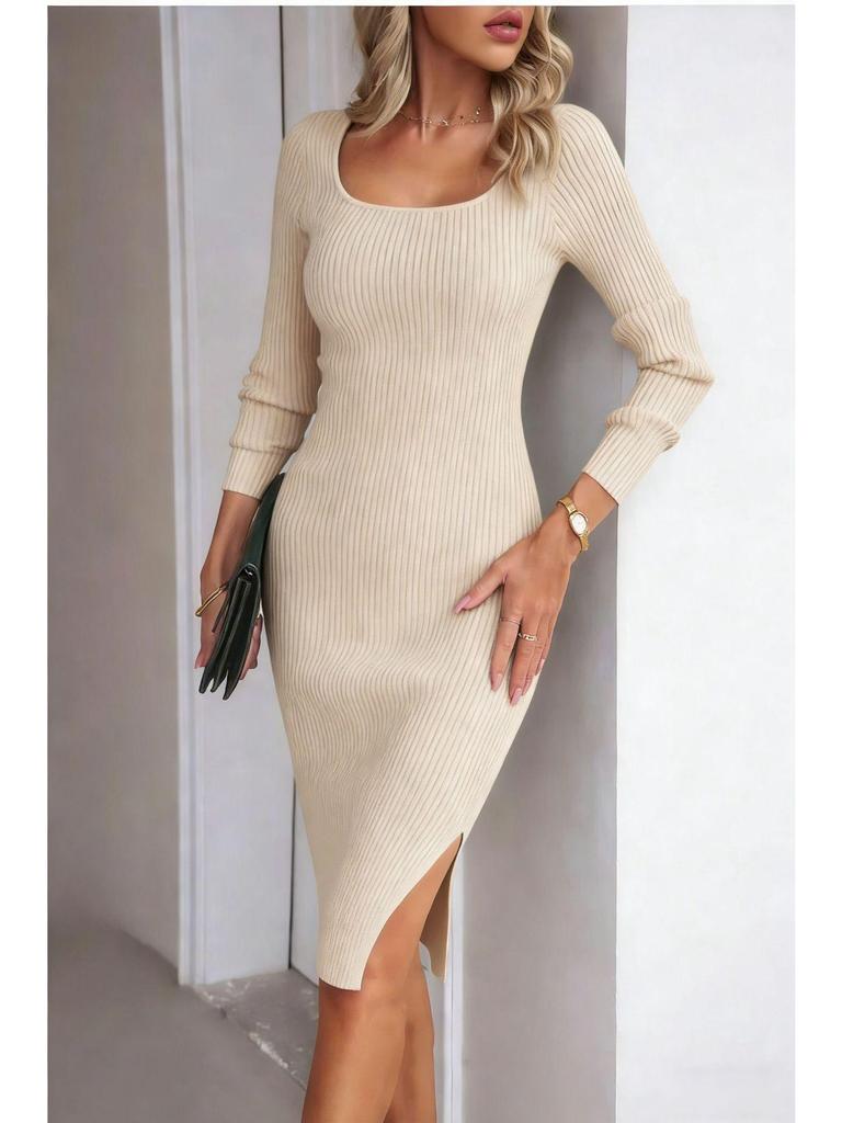Elegant Slim Fit Long Sleeve Knit Dress with Slit - Spring & Autumn Collection