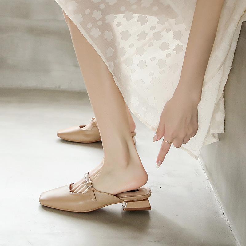 Leather Mary Jane sandals women's slippers low-heeled single shoes 2025 summer shallow thick heel small fragrant temperament single shoes women