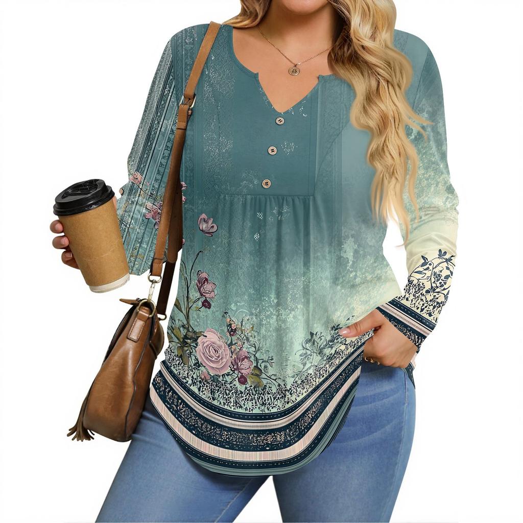 Dámská trička s dlouhým rukávem plus size s výstřihem do V, tunikové topy, základní volná trička