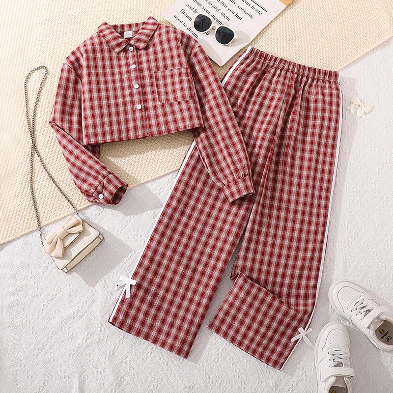 

2025 Autumn Plaid Two-Piece: Long-Sleeve Top & Wide-Leg Pants for Big Girls 140 cm (9Y) червоний