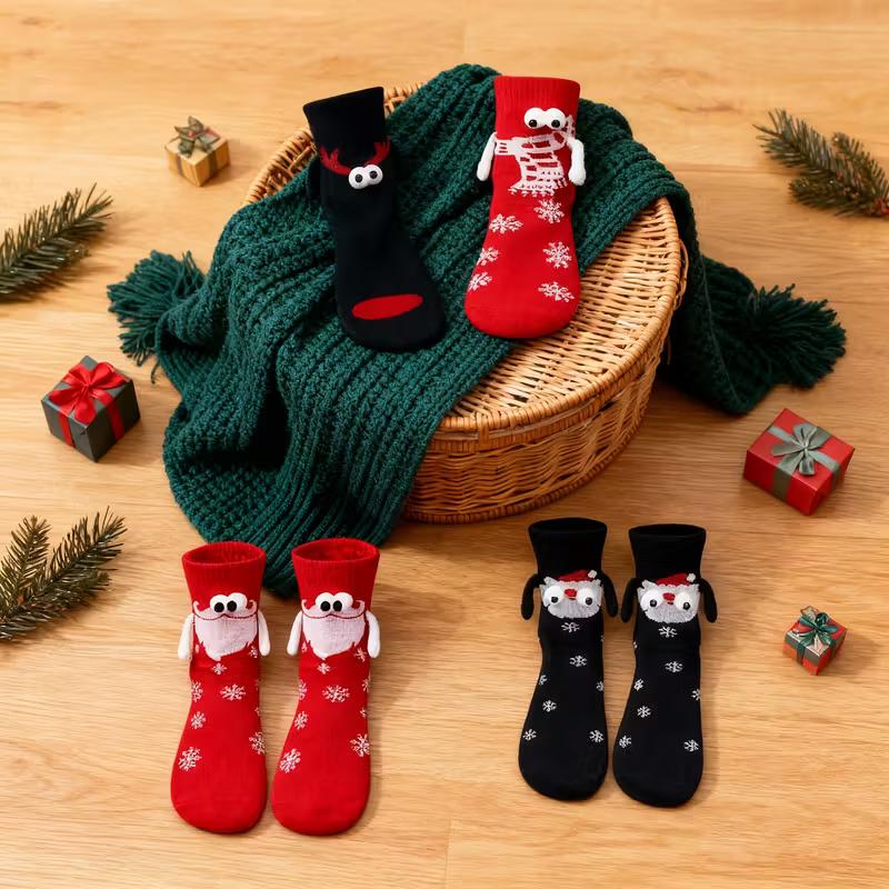 1 Pair Knitted Hand-Holding Magnetic Socks – Trendy & Funny Couple Socks for Christmas Gift, Unique & Creative Holiday Gift