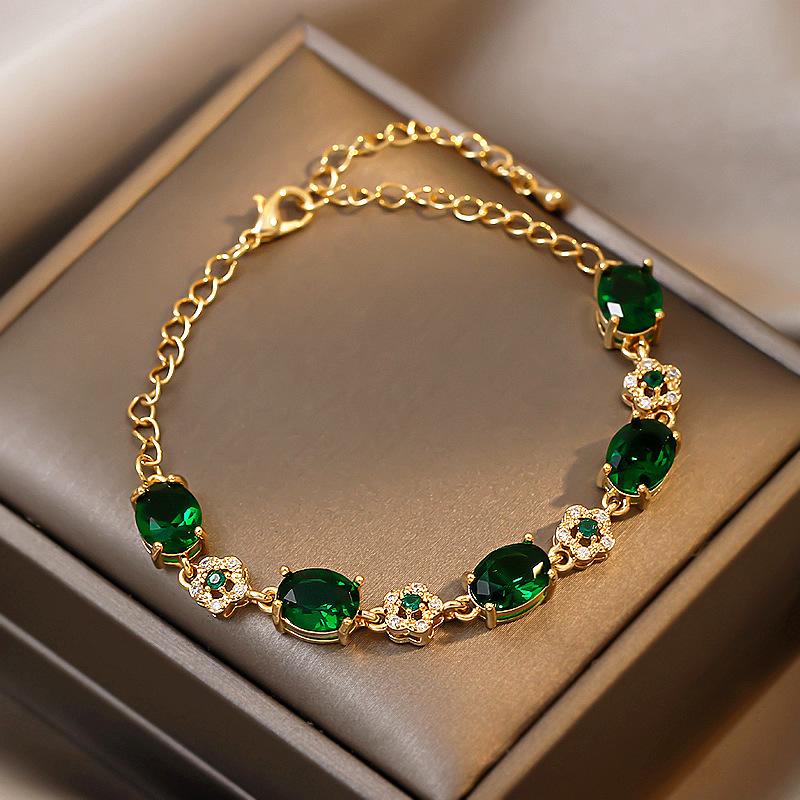 Luxury Green Rhinestone Crystal Bracelet Gold Color Link Chain Bracelets For Women Vintage Party Wedding Bridal Jewelry Gifts