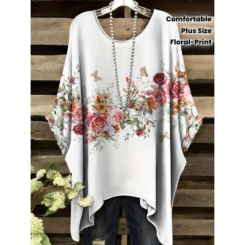 Camiseta Bohemia Elegante de Dos Tonos para Mujer de Verano - Estampado Floral de Corazón con Mariposa Cuello Redondo Blusa Casual Amantes del Boho 2025