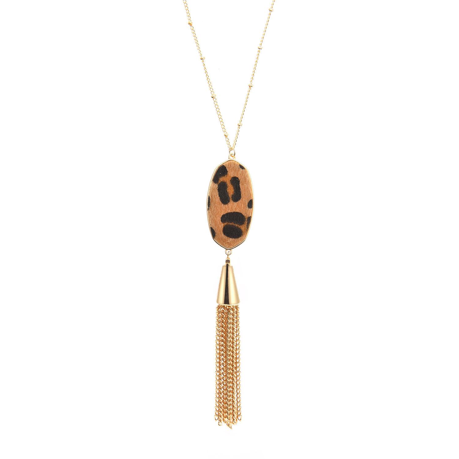 

Geometric horsehair leopard print fringed pendant long necklace, bead chain necklace jewelry sweater chain золотий