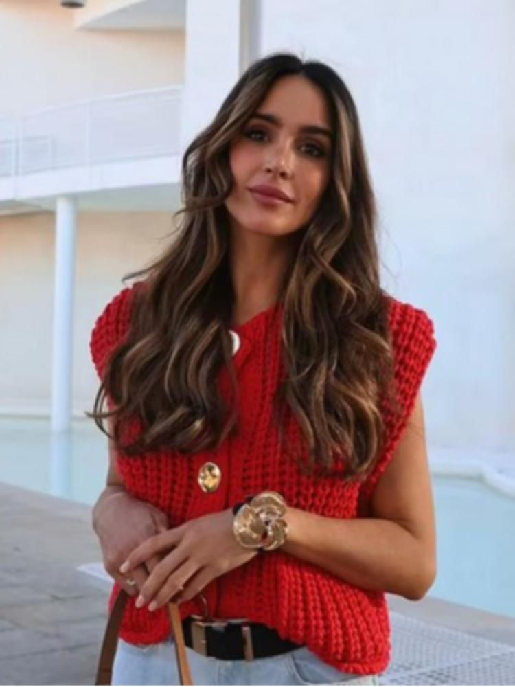 Elegantní jednobarevná háčkovaná vlněná vesta pro ženy Šik jednořadé zapínání s kulatým výstřihem kapsy Pletená vesta 2024 Podzim Dámská High Streetwear