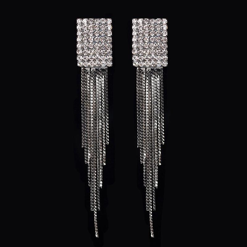 Cross-Border New Arrival Trendy Grace Ear Studs Earrings Multi-Row Diamond-Studded Tassel Ornament E037