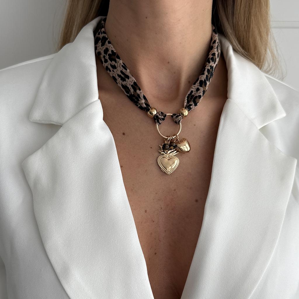 Ingemark Elegant CCB Heart Shape Pendant Choker Necklace Women Trend Punk Gold Color Metal Chiffon Fabric Neck Chain New Jewelry