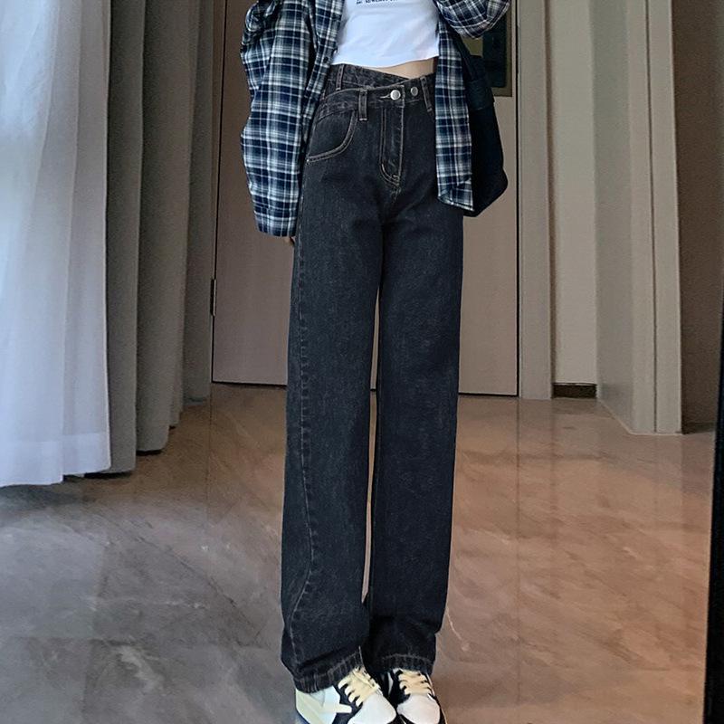 

Women s Plus Size High-Waisted Wide-Leg Jeans - Loose Fit, Irregular Design, Spring/Autumn Fashion Trend M сине серый