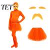 Unisex Zentai Suit Orange Full Bodysuit, with Tulle Skirt, Fake Belly, Yellow Mustache & Eyebrows, Solid Color Costume Open Face Suit, Halloween
