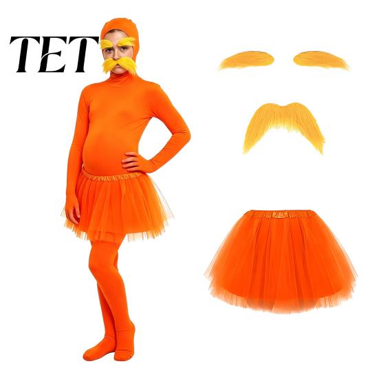 Unisex Zentai Suit Orange Full Bodysuit, with Tulle Skirt, Fake Belly, Yellow Mustache & Eyebrows, Solid Color Costume Open Face Suit, Halloween