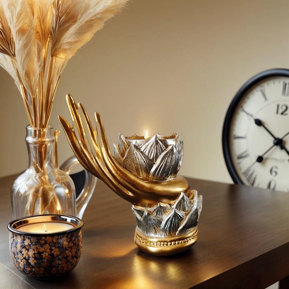 Resin Hand Shape Lotus Candle Holder Vintage Carved Fairy Candle Cup  Living Room