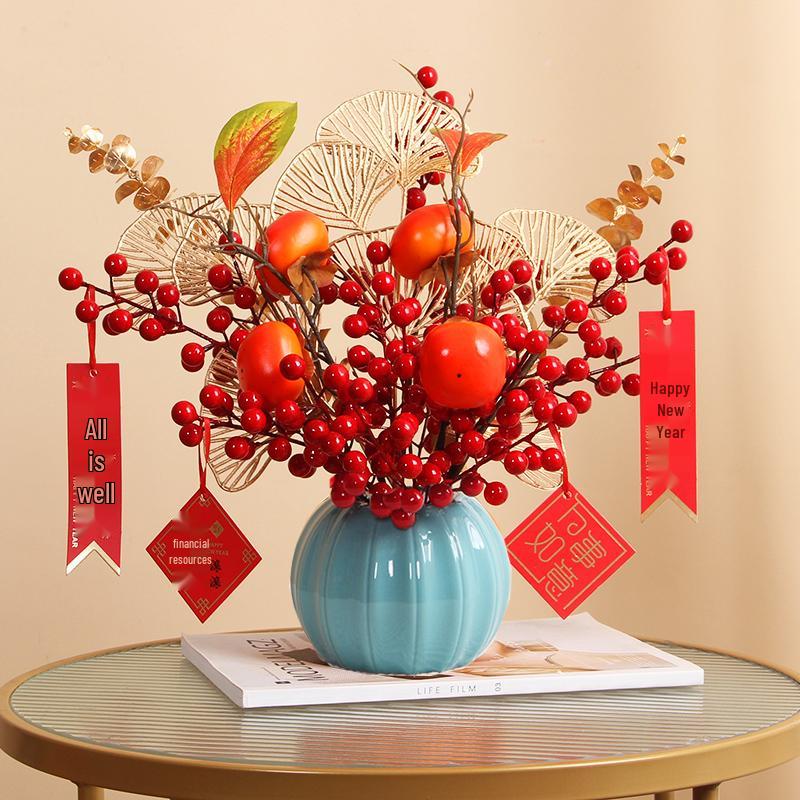 Luxurious Chinese-Style Pomegranate Fruit Arrangement: Faux Red Berries & Flowers for Living Room or Restaurant Decor