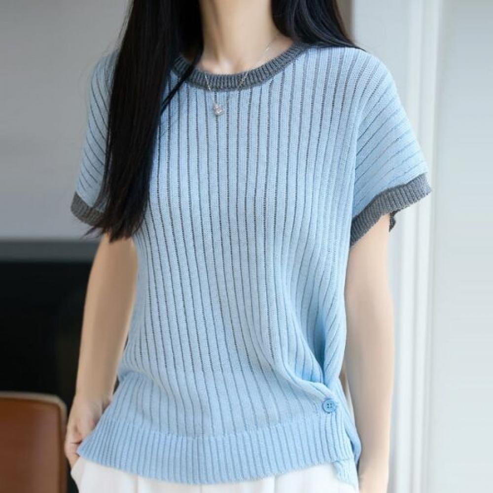 Navava Women S Cool baSic Ribbed Color Block Round Neck Short Sleeve Knit Tee Nk