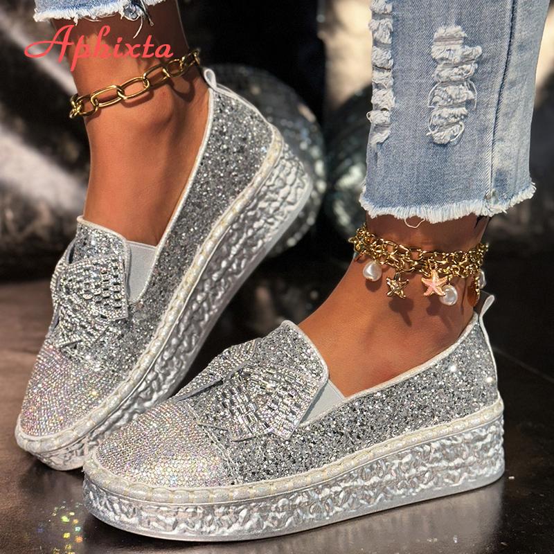 

Aphixta Серебристые Блестящие Лоферы на Платформе с Бантом-Бабочкой Женская Обувь Весна Осень Женские Туфли на Массивном Каблуке Обувь Слипоны 35 серебряный