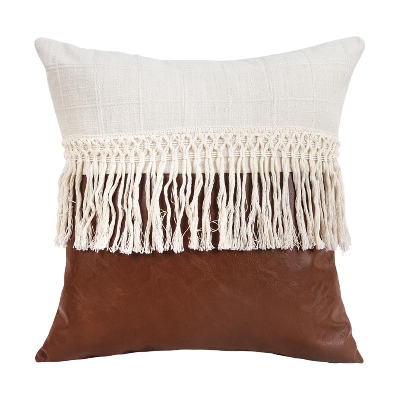

PU Leather Color Block Patchwork Cushion Case Hidding Zippers Design Pillow Case with Tassels For Living Room Bedroom 1 білий