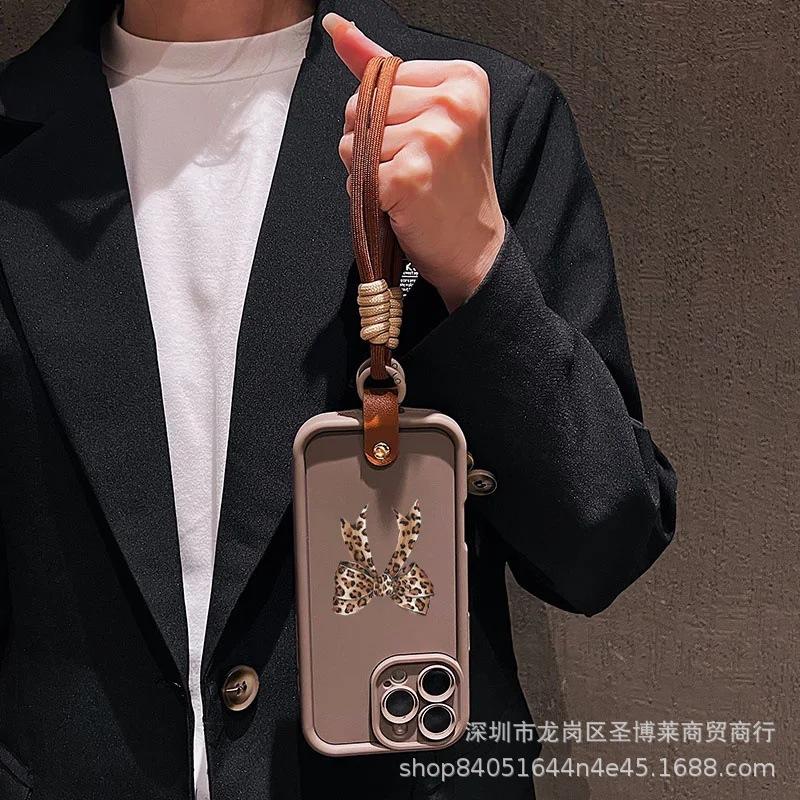 Leopard Print Bow Lanyard Is Suitable for Apple 16 Mobile Phone Case 15PRO All-inclusive 14 Matte 11 Anti-drop 13 Protective Case 7.