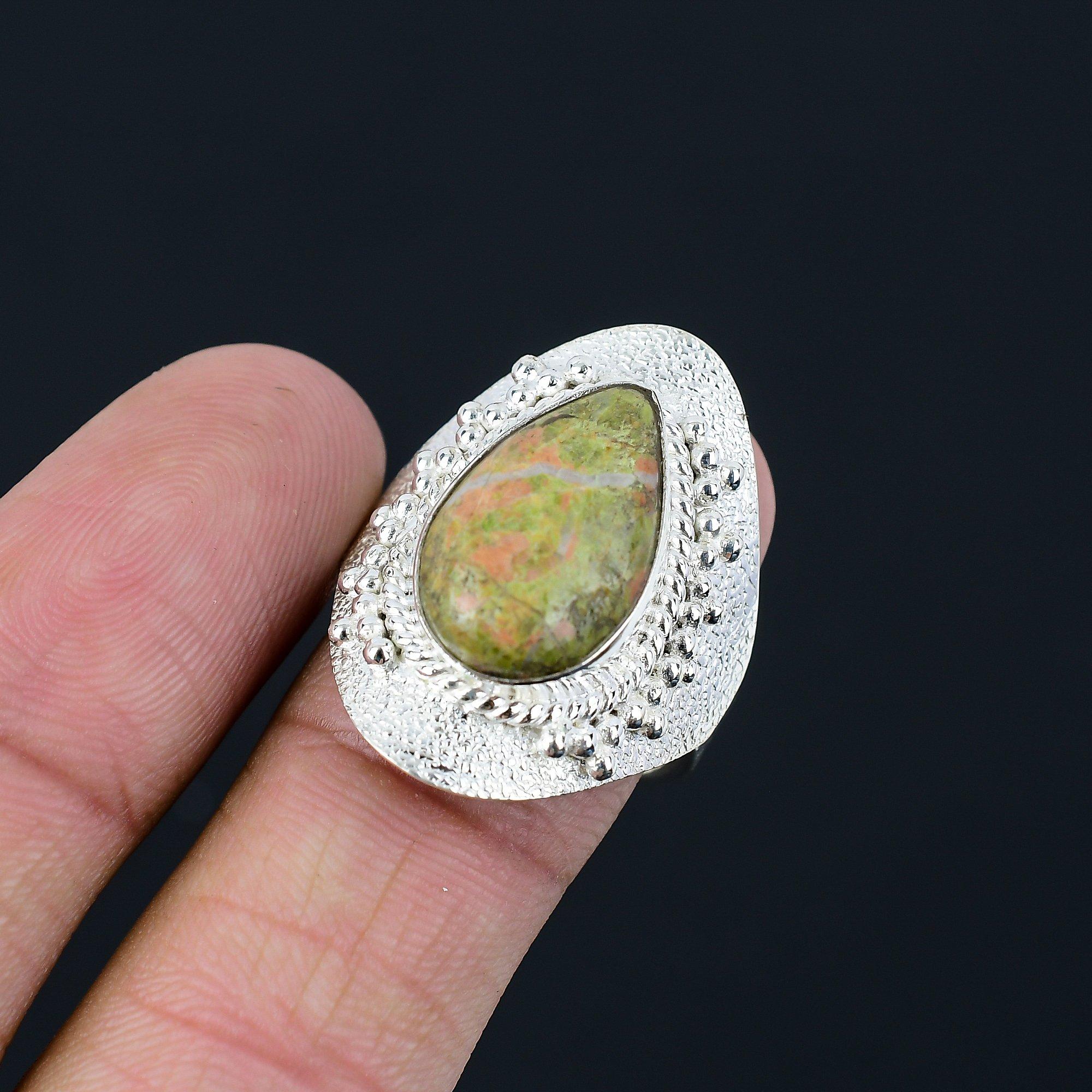 925 Sterling Silver Pear Natural Unakite Multi Stone Statement New Ring Size 9.5 9.5