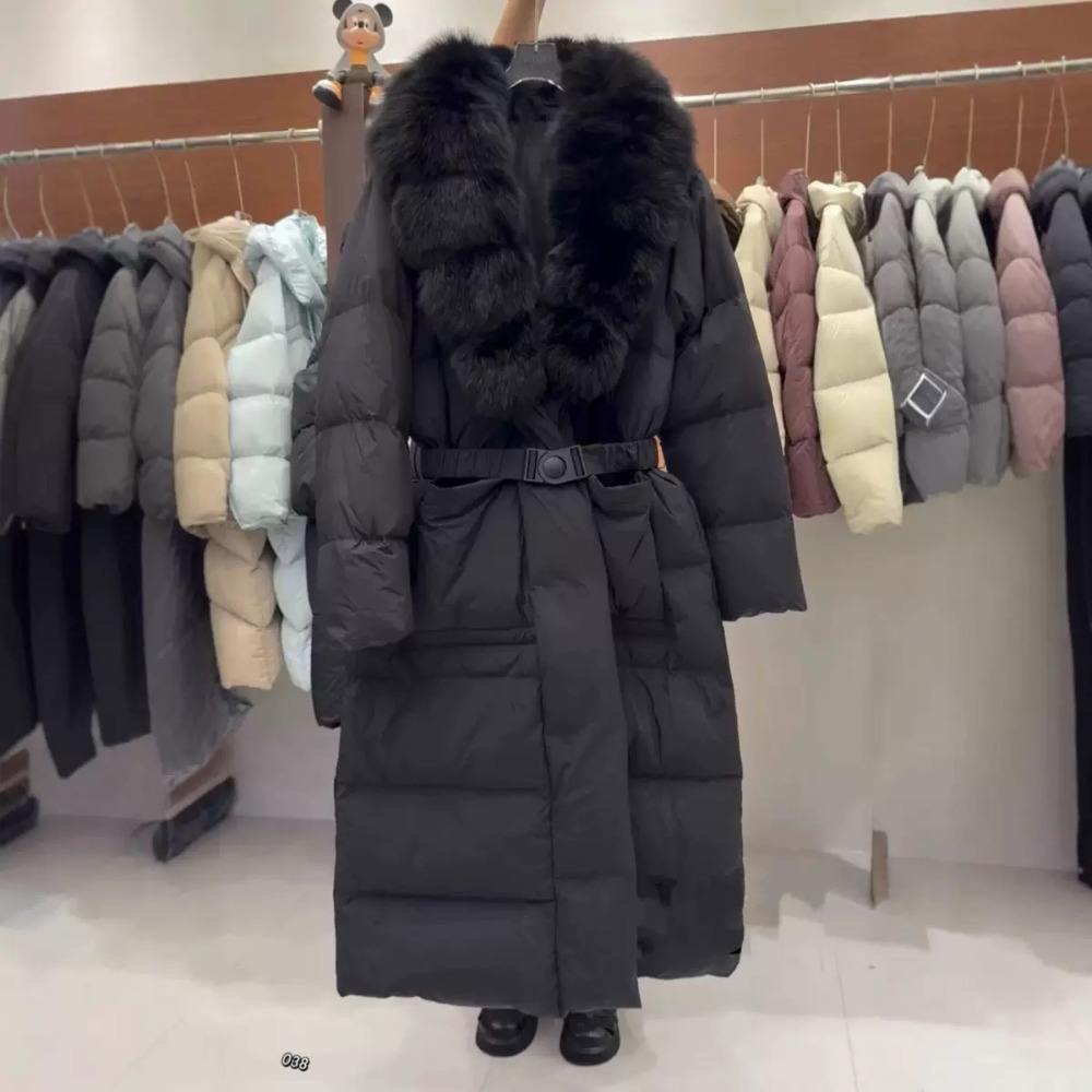 Winter New Natural Fox Fur Collar Waist Lengthened Down Jacket Women's Knee Thickened Warm and Thin Jacket
