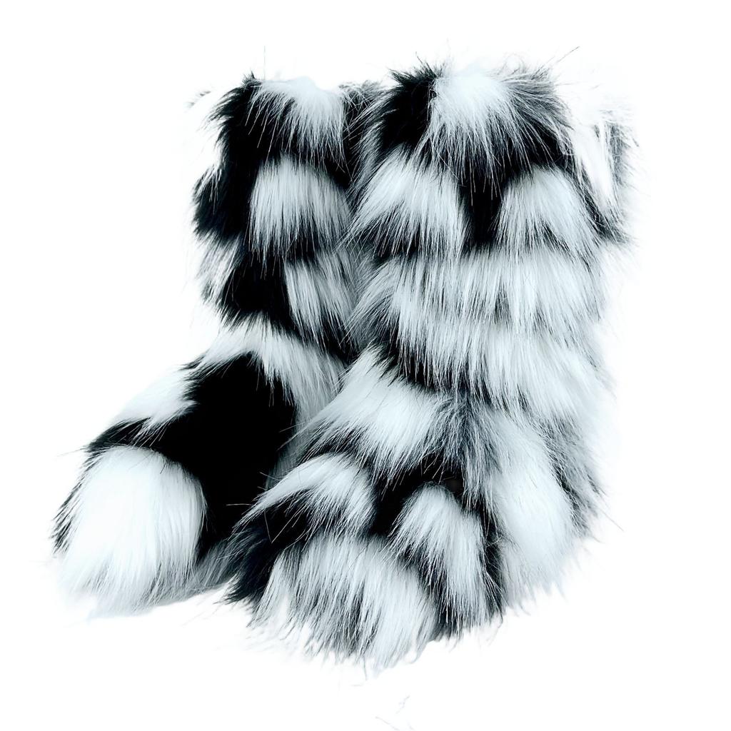 Vintage-Inspired Women's Fuzzy Boots | Brown & Black Faux Fur, Retro Trendy Warm Winter Ankle Footwear