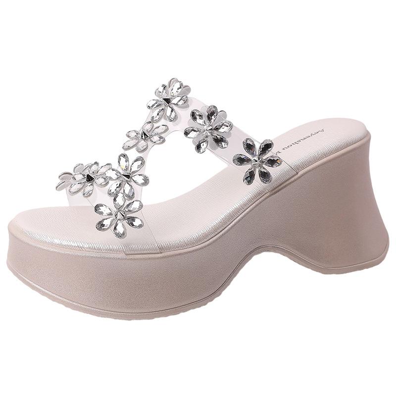 Fashion platform slippers rhinestone flower sandals women's summer Korean version of thin and versatile fairy wind slope heel cool slippers