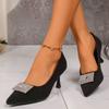 2026 New French Women's Slim Work Shoes Rhinestone Square Buckle High Heels Black Pointed Toe Temperament Single Shoes