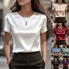 Women New Short Sleeve Round Neck Satin Top Casual Loose Blouse