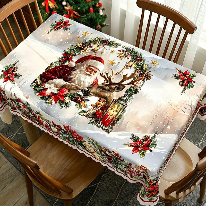 Christmas Printed Tablecloth Holiday Xmas Party Table Cover Decorative Dining Table Cloth for Home Kitchen Rectangular Round