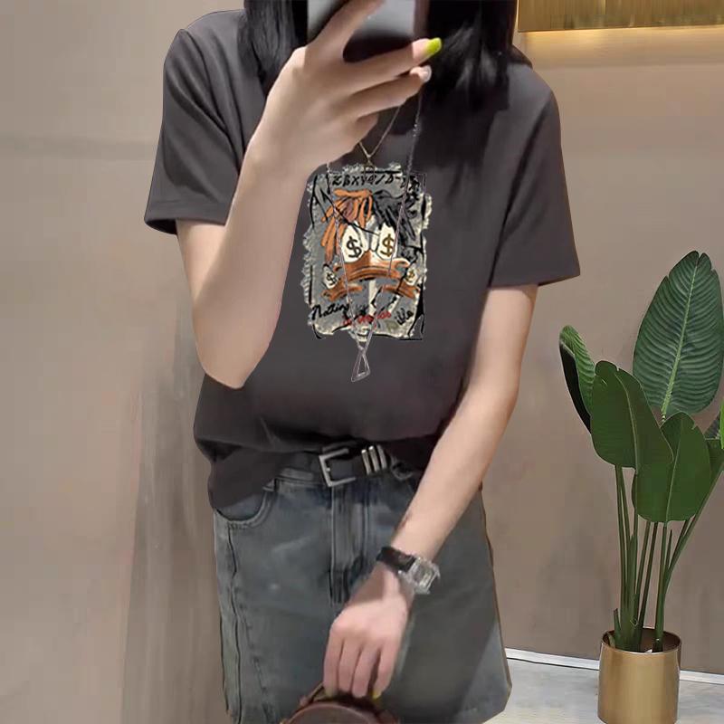 2025 new shoulder pure cotton cartoon short-sleeved T-shirt women's fashion versatile and thin apricot top bottoming shirt summer