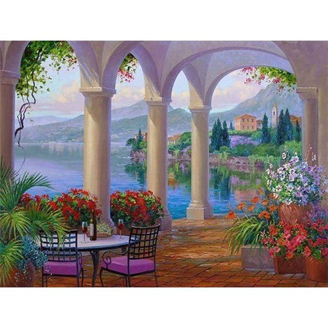 DIY 5D Diamond Painting Cross Stitch Sea Scenery House Full Round Drill Landscape Diamond Embroidery Mosaic Art Home Decor Gift