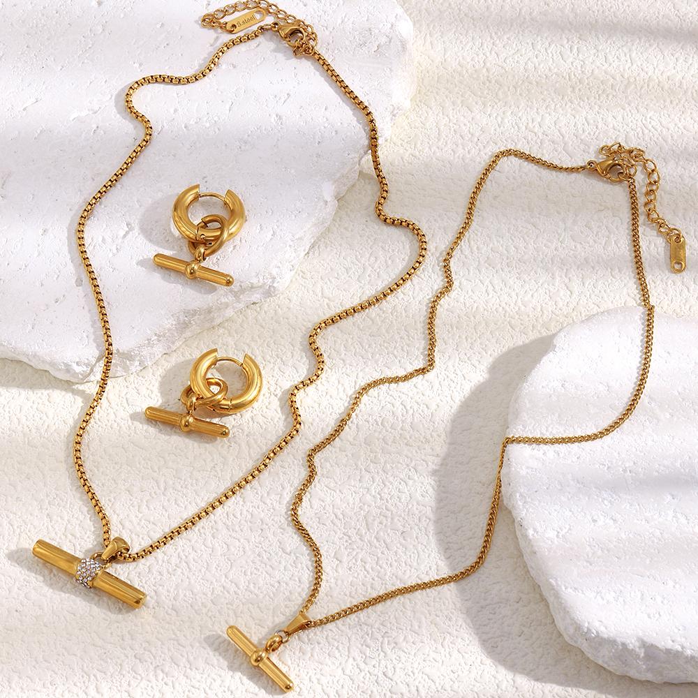 MamacitaSlay 316L Stainless Steel T-Bar Pendant Necklace Earrings Waterproof 18K Gold Plated Jewelry Women's Earrings Necklace