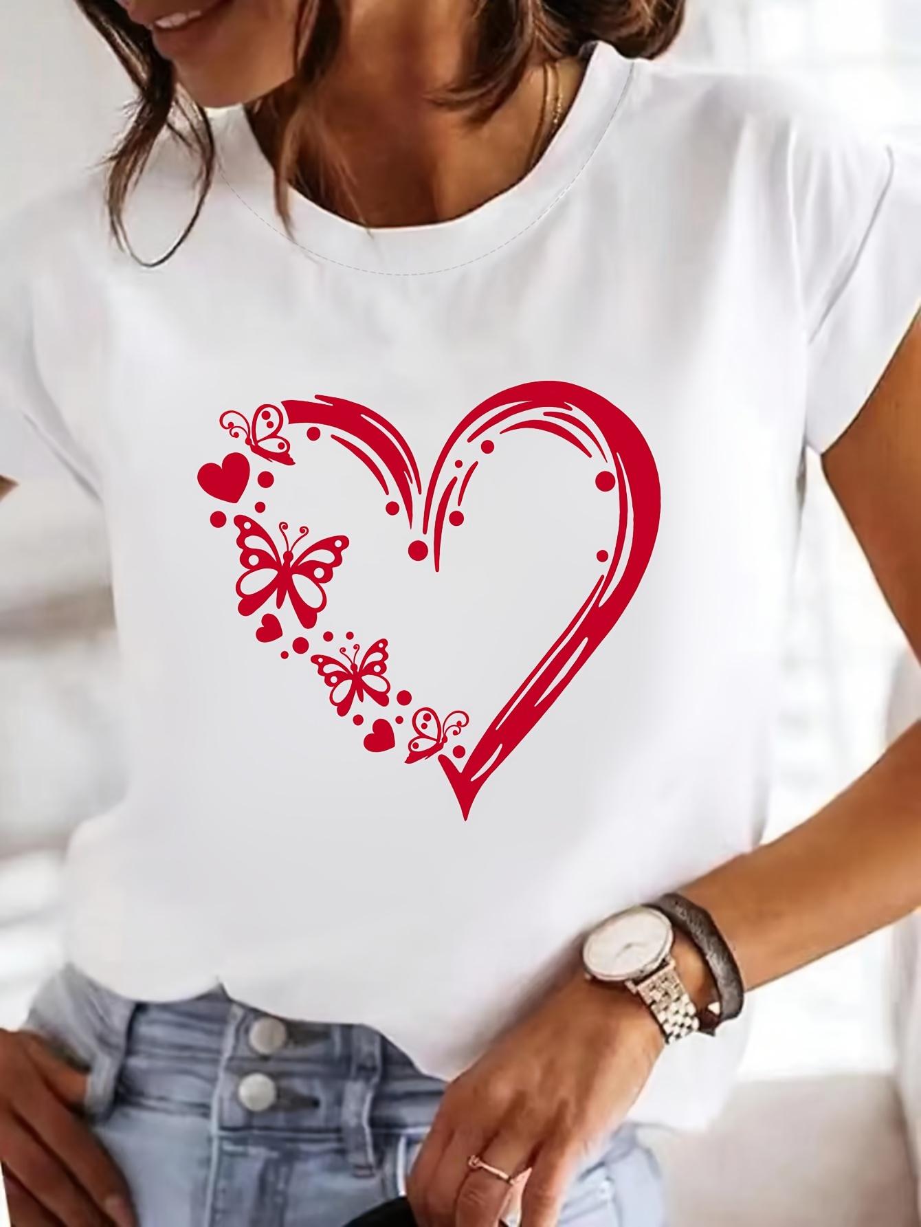 

Womens TShirt Featuring A Love Heart and Butterfly Design Printed Casual Crew Neck Short Sleeves Women Summer Clothing S