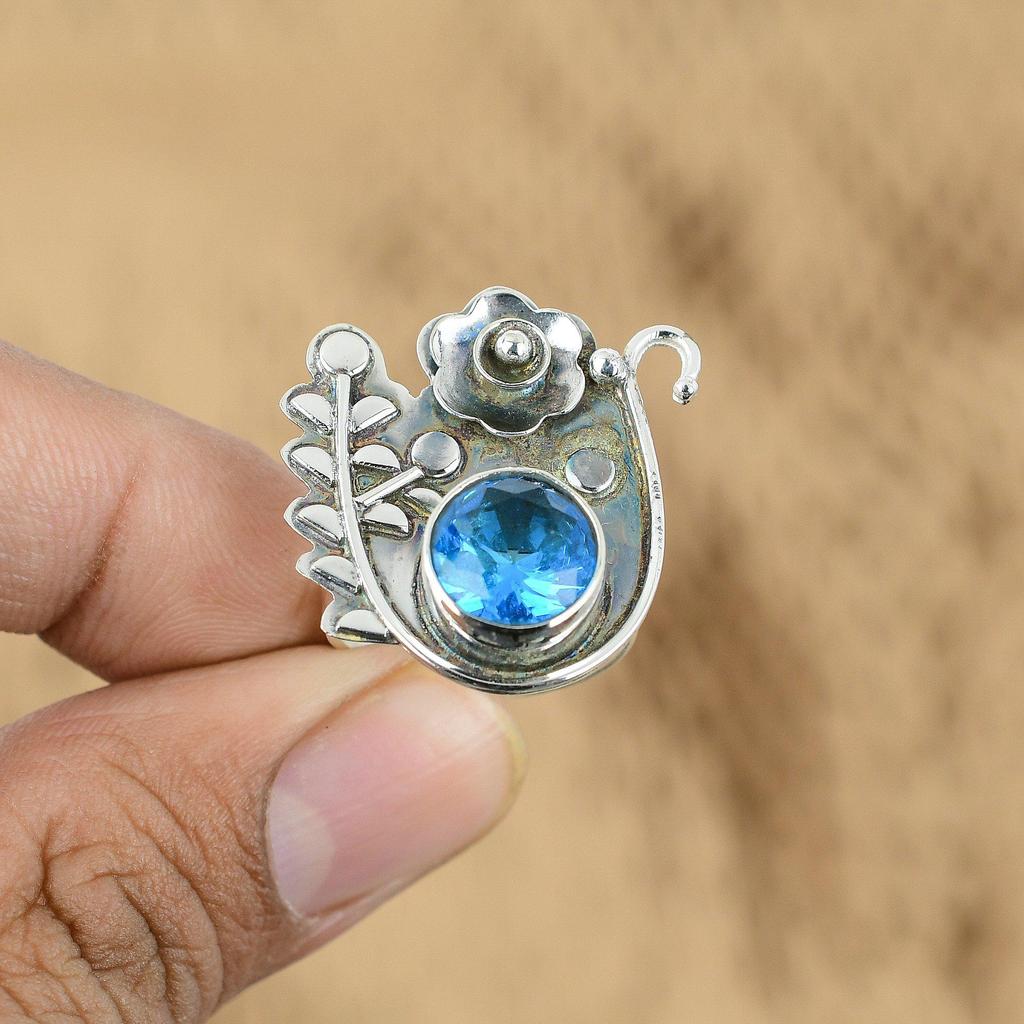 Mothers day Deal Sterling Silver Round Swiss Blue Topaz Stone Flower Boho Ring