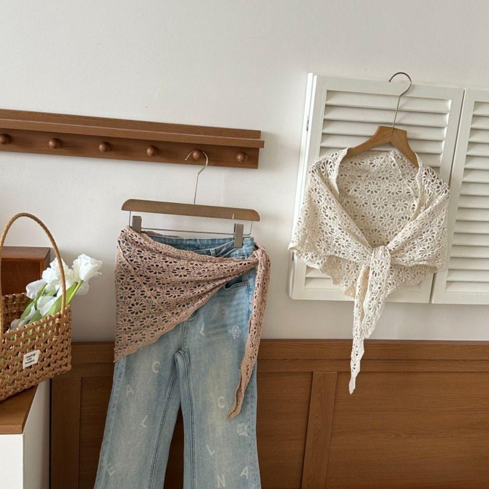 Simple Fake Collar Knitted Triangle Scarf White Cape Hollow Out Lace Shawl Korean Style Ethnic Style Fart Curtain Summer