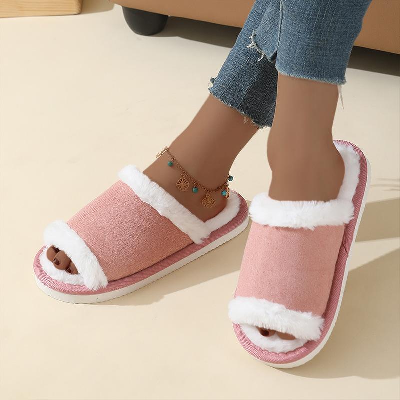 Suede Cotton Slippers for Women, Soft-soled Thickened Indoor Slippers for Autumn and Winter, Couple Open Cotton Slippers for Winter