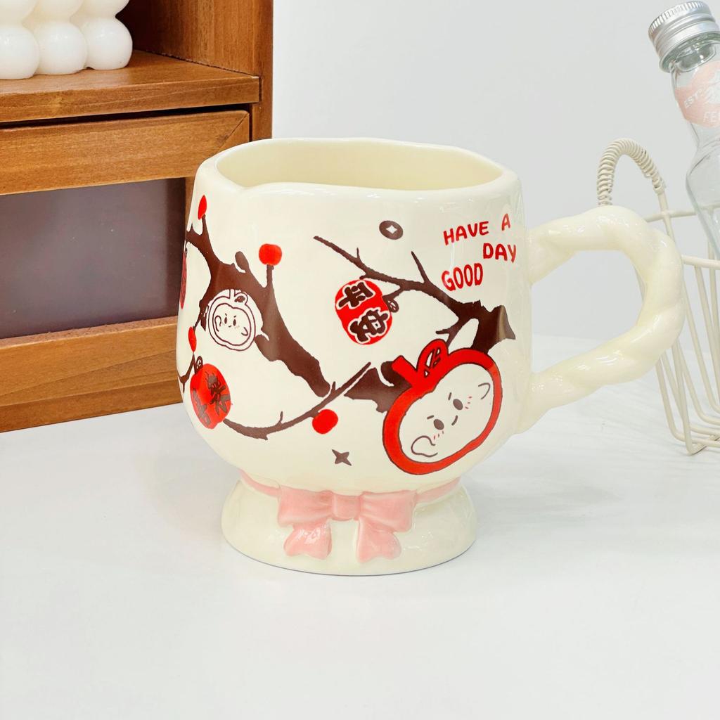 Large Capacity Water Cup Student Cup Cute Bow High Legged Ceramic Cup with Lid Mug High Appearance